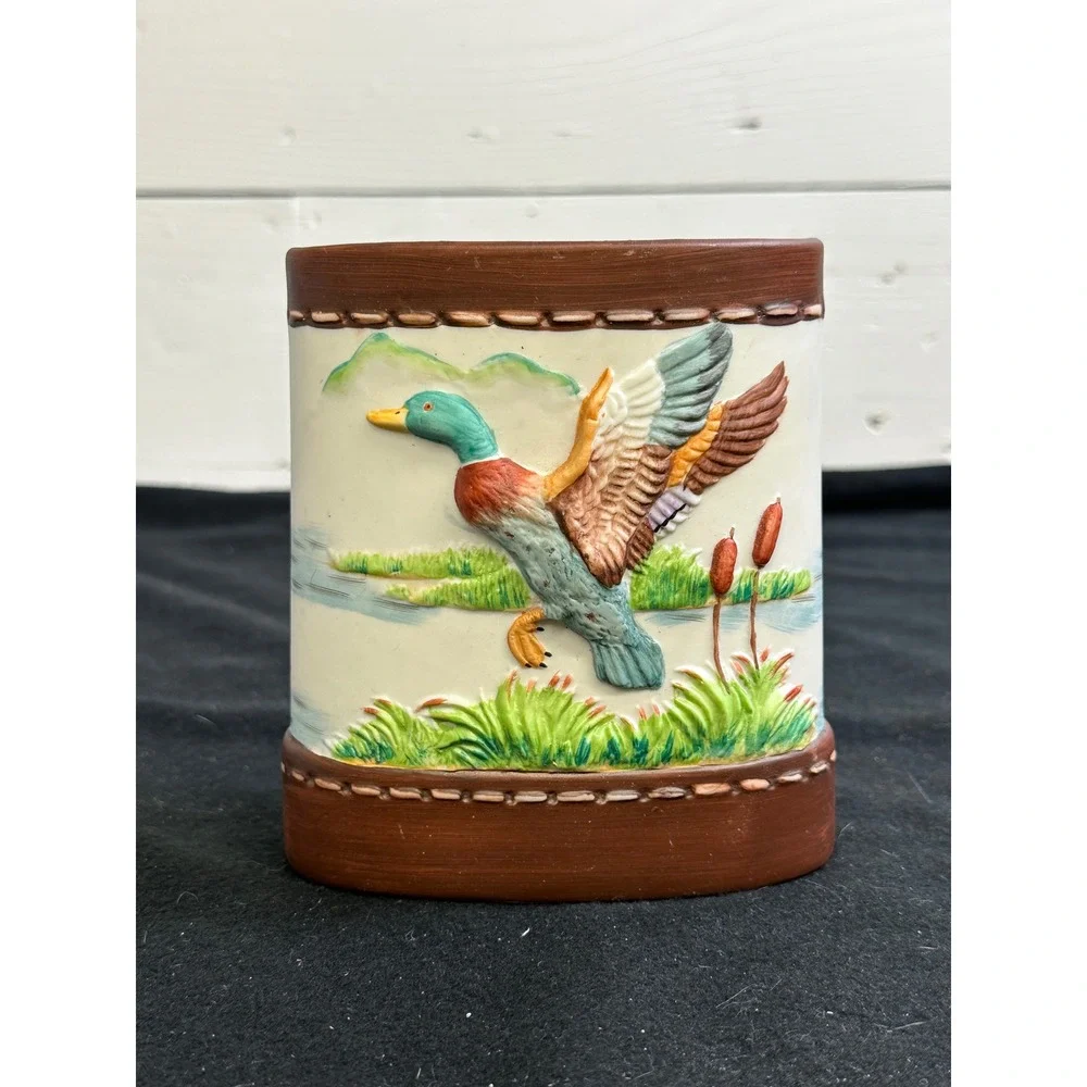 Vintage Mallard Duck Ceramic Planter Pencil Cup 3D Embossed Wildlife Decor